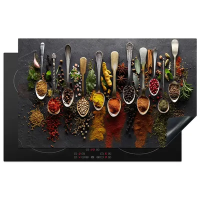 Obrázek produktu pro KitchenYeah® Krycí deska na sporák bylinky - koření - beton - lžíce, 85x52cm, kuchyňská dekorace, keramická krycí deska, krycí deska na varnou desku