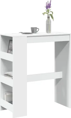 A white bar table with shelves on the side, a cup and a vase with flowers on top.