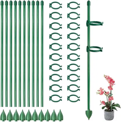 Stäbe für Pflanzen, 30 cm Tomatenstäbe, verstellbare Tomatenstäbe - Grüne Kletterhilfe mit Clips und Bodenankern - Für