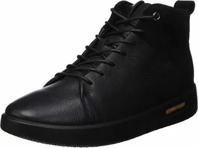 A studio shot of a single black high-top sneaker.