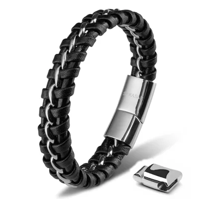 Obrázek produktu pro SERASAR | Kožený Náramek pro Muže [Joy] z Stainless Steel | Barva: Stříbrný | Délka: 20cm