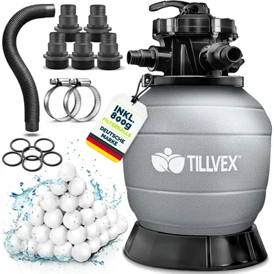 Immagine prodotto di Filtro a sabbia per piscina tillvex® senza pompa + 800 g di sfere filtranti per piscine fino a 35 m³ (35.000 litri) | Vasca del filtro per piscina con adattatore Ø 32-38 mm | Vasca del filtro a sabbia con valvola a 7 vie, manometro e tubo di aspirazione