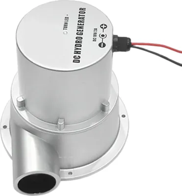 A silver DC hydro generator with a black connector and red and black wires, set against a white background.
