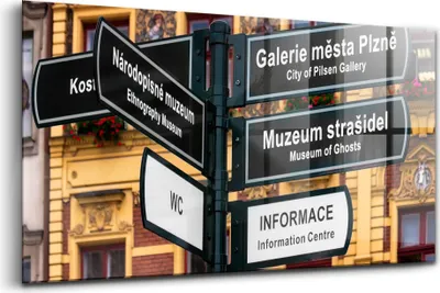Obrázok produktu pre Obraz z tvrdeného skla - Maľovanie Stien - Temperované Sklo - 140x70 cm - Rozcestník Plzeň