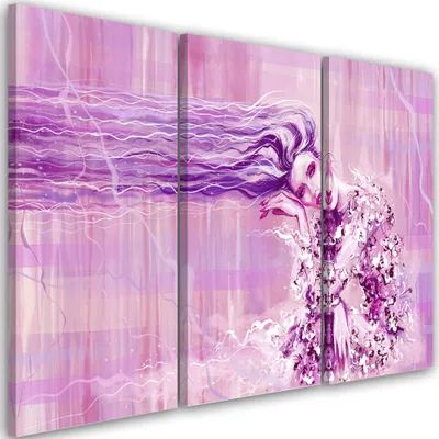 Obrázek produktu pro Triptych na plátně dlouhovlasá žena 120x80 cm Feeby fialový nástěnný obraz připravený k zavěšení