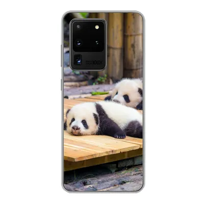 Produktbild von MuchoWow® Handyhülle Schutzhülle Hülle für Samsung Galaxy S20 Ultra Pandas - Boden - Holz Silikon Softcase Handy Hülle - Karteninhaber