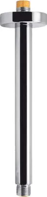 A close-up studio shot of a chrome shower arm with a gold threaded connection at the top and bottom.
