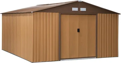 Produktbild von Gerätehaus Mit Bodenplatte Geräteschuppen Gartenhaus Garten Schuppen Metall Braun 340 X 386 X 200 Cm