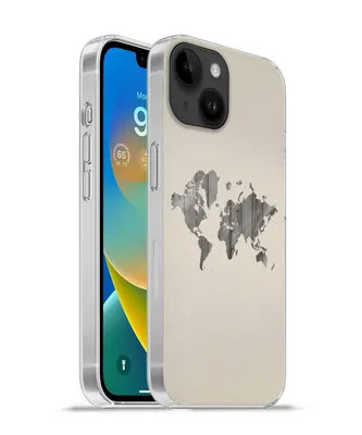 A product shot of a phone case with a world map design.