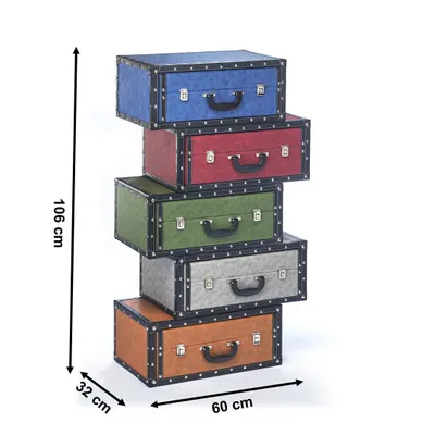 A stack of five decorative storage boxes resembling vintage suitcases, each a different color, arranged vertically.