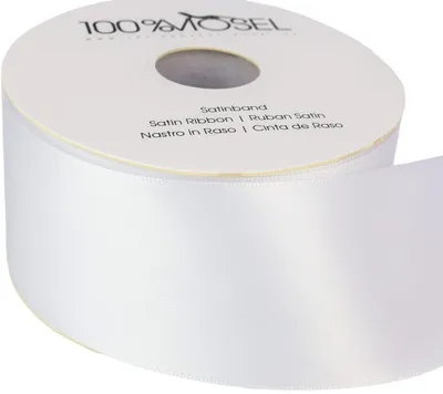 Zdjęcie produktu dla 100% satynowa taśma Mosel, w kolorze białym (50 mm x 25 m), matowa, błyszcząca, idealna do pakowania prezentów