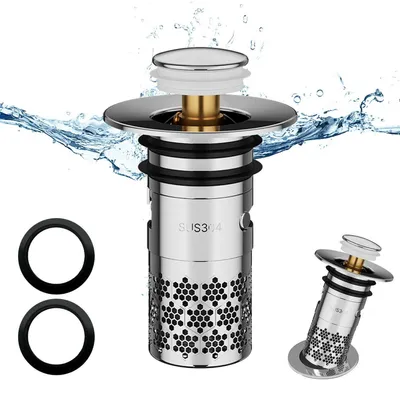 Image de Bouchon de lavabo pop-up avec filtre, en acier inoxydable 304, argenté, diamètre 33-40 mm, vendu à l'unité
