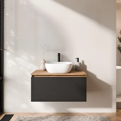 Produktbild von Planetmöbel ARISA Waschtisch 80 cm schwarz mit Keramik-Aufsatzwaschbecken 42 cm in weiß