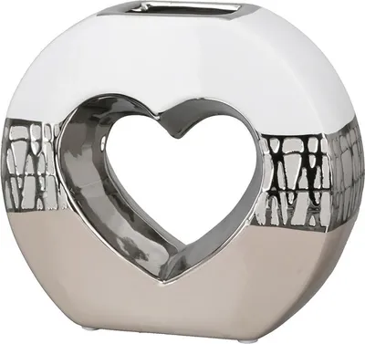 Imagen del producto de GILDE Vase, rund, "Pico", Herzmotiv, Keramik, beige, weiß, , L. 7 cm, B. 18,5 cm, H. 16,5 cm 32402