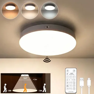 Produktbild von Akku Deckenleuchte Bewegungsmelder 10000mAh LED Deckenlampe Kabellos Decke Sensorlicht 3 Farbmodi Dimmbar Fernbedienung für Flur Garage Keller Treppe
