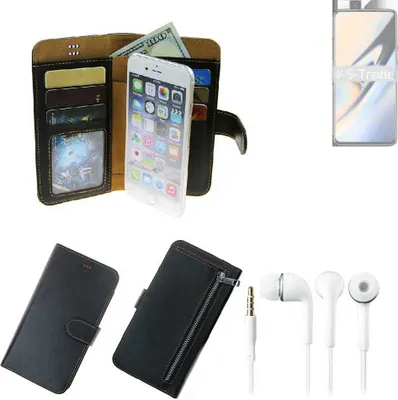 Produktbild von TOP SET Handy Hülle Schutz Hülle kompatibel mit OnePlus 7  schwarz aus Kunstleder + Kopfhörer Smartphone Tasche vollwertige Geldbörse  K-S-Trade®