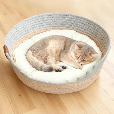 Produktbild von Famanu Katzenbett mit Kissen 47 cm - Waschbares Rundes Katzenbett aus Geflochtenem Baumwollseil