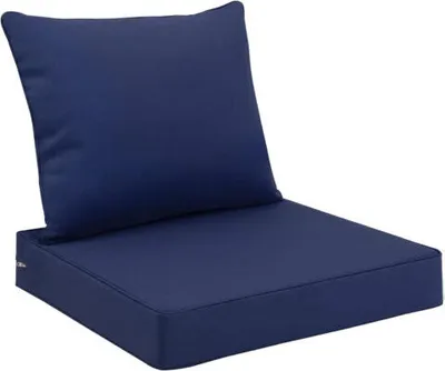 A set of dark blue outdoor cushions for a chair, including a seat cushion and a back cushion, shown against a white background.