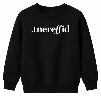 Productafbeelding van "tnereffid" - Omgekeerde tekst, wit, serif lettertype, statement, cool, kinder sweatshirt, trui, zwart, maat 140