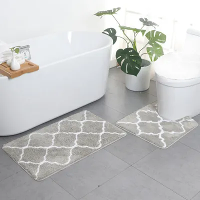 Image de Tapis de bain Ensemble de 2 tapis de salle de bains Tapis de douche combiné antidérapant en microfibre avec tapis de toilette en forme de U - Gris