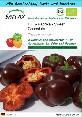 Produktbild von SAFLAX - Geschenk Set - BIO - Paprika - Sweet Chocolate - 10 Samen - Mit Geschenk- / Versandbox, Versandaufkleber, Geschenkkarte und Anzuchtsubstrat - Capsicum annuum