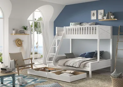 Image de Vipack SCOTT Lit familial avec surface de couchage 90x200 et 140x200 cm, incl. sommier à lattes, échelle et grand tiroir de lit, finition en pin laqué blanc