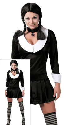 Productafbeelding van Filmkostuum: Schoolmeisje, jurk, Halloween, zwart-wit, gotische stijl. Thema: griezelig, feestelijk, elegant, mystiek, magisch, schaduwachtig. Maat: 42 - 44 (L). Kleur: zwart