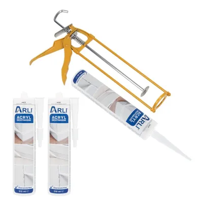 Produktbild von ARLI Kartuschenpresse aus Metall + 3x Acryl 310 ml Dichtstoff Weiß Bauacryl Fugendichter Maleracryl - Set