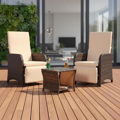 Immagine prodotto di Mucola set di sedute 2 poltrone e tavolo polyrattan set da salotto mobili da giardino gruppo di sedute da giardino set da pranzo - marrone