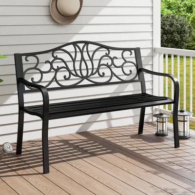 Produktbild von Gartenbank aus Metall, 2-Sitzer Outdoor-Bank, mit dekorativer Rückenlehne und Armlehnen, für 2-3 Personen (Schwarz)