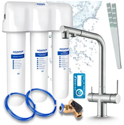 Produktbild von Ari 3-Wege-Küchenarmatur Venom, Edelstahl, Ausziehbare Spültischarmatur Im Set Mit Aquaphor Wasserfiltersystem, Untertischanlage