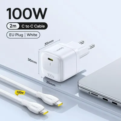 Produktbild von Baseus 100W GaN Schnellladegerät USB-C für Laptop Handy - Weiß 2m-Kabel