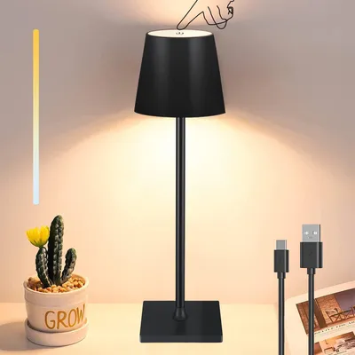 Produktbild von AKKEE Tischlampe, Schwarz, Metall, LED, Akku-betrieben, kabellos, USB-C aufladbar, tragbar, dreifarbig, stufenlos dimmbar mit Touch-Steuerung, 36,5 cm H x 8,5 cm B x 10 cm T, 10-40 Std. Akkulaufzeit, kratzfest, korrosionsbeständig, minimalistisch, elegant, rund.