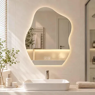 Image de Miroir de salle de bain LED Zimilo, forme irrégulière avec éclairage, miroir mural anti-buée, variateur d'intensité, 3 couleurs de lumière, interrupteur tactile, pour salle de bain, 70x90 cm