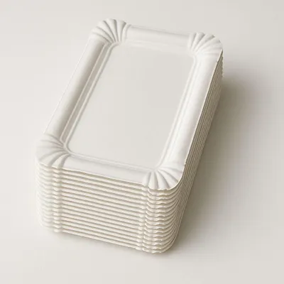 Produktbild von Eckige Pappteller, weiß, 250 Stück, 13 x 20 cm, aus 100% Frischfaserkarton, biologisch abbaubar
