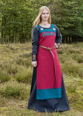 Produktbild von Wikinger Trägerkleid / Schürzenkleid Hilja mit Stickerei, rot aus Baumwolle - Mittelalterkleid - LARP Kleid Größe: XL