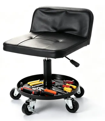 Immagine prodotto di Sgabello da officina con ruote - Sgabello per meccanici - Portata fino a 136 kg - Seduta imbottita - Portaoggetti magnetico - Ruote bloccabili - Regolabile in altezza - Colore: nero