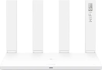 A white Huawei WiFi AX3 router with four antennas is shown from the front on a white background. The text 'WIFI 6 PLUS' is visible on the rightmost antenna.