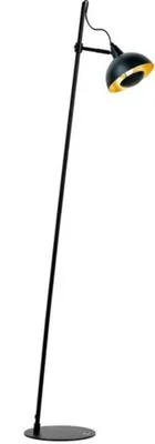 Schlanke Stehlampe mit schwarzem Gestell und goldfarbenem Schirm, frontal seitlich