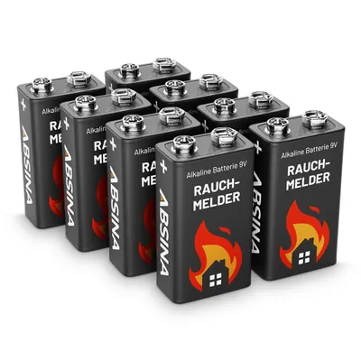 Produktbild von ABSINA 9V-Blockbatterie, Alkaline, für Rauchmelder, 8 Stück
