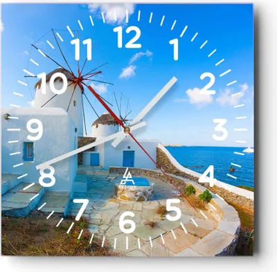 Produktbild von Wanduhr - Quadrat - Glasuhr - Griechenland Insel Küste Haus - 40x40cm - Schleichendes Uhrwerk - Lautlos - zum Aufhängen bereit - Dekoration Modern - Wanddekoration aus Glas - C4AC40x40-2424