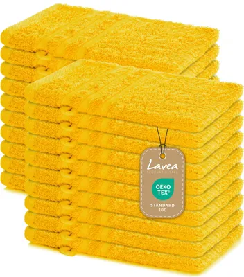 Produktbild von Lavea® 20er Waschhandschuh Set Elena, 100% Baumwolle Frottee, Waschlappen saugstark & weich, für Körper und Gesicht, 60 °C, trocknergeeignet, Rapsgelb, 15 x 21 cm