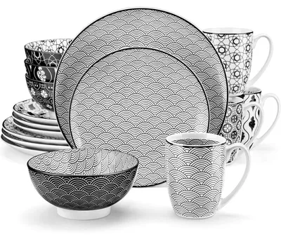 Productafbeelding van Kombiservice, 16-delig, porselein, zwart en crème:- 4 grote borden, diameter 26,5 cm- 4 dessertborden, diameter 21,5 cm- 4 kommetjes, diameter 15,2 cm- 4 koffiekopjes, inhoud 360 ml