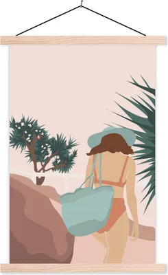 Produktbild von MuchoWow® Textilposter Sommer - Frau - Strand 60x90 cm mit holzfarbenen Rahmen - Textil