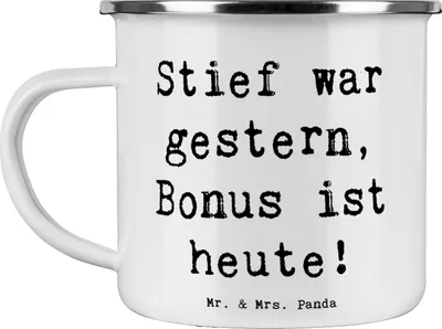 Produktbild von Mr. & Mrs. Panda Emaille Becher Spruch Bonusvater Freude - Weiß - Geschenk, herzerwärmende Sprüche, Tasse, Outdoor, Pott, Teetasse, Familienleben, moderne Familien