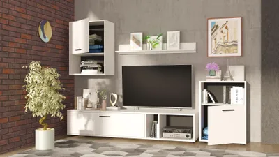 Produktbild von Möbelwand RENA - 3 Schränke - Weiß - Schwarze Griffe - Breite 210 cm, Höhe 190 cm, Tiefe 36 cm