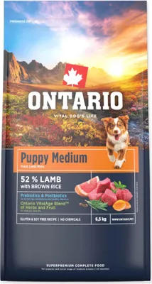 Imagen del producto de Alimento para cachorros Ontario, tamaño mediano, sabor a cordero y arroz integral, 6,5 kg