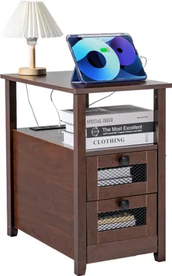 Image de VEB Table de nuit d'appoint avec prise USB - Table de nuit avec rangement - Idéal pour la chambre et le salon