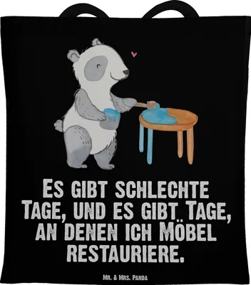 Produktbild von Mr. & Mrs. Panda Tote Bag Panda Möbel restaurieren - Schwarz - Geschenk, Laptoptasche, Schultasche, Antike, festivaltasche, Tasche, Shopping, Handwerk, Restaurator