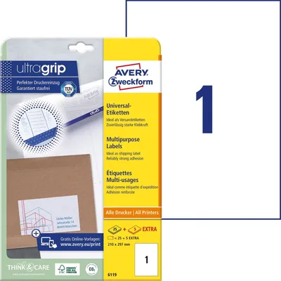Produktbild von Avery Zweckform 6119 Universal-Etiketten, 210 x 297 mm, 25 Blatt/25 Etiketten, weiß